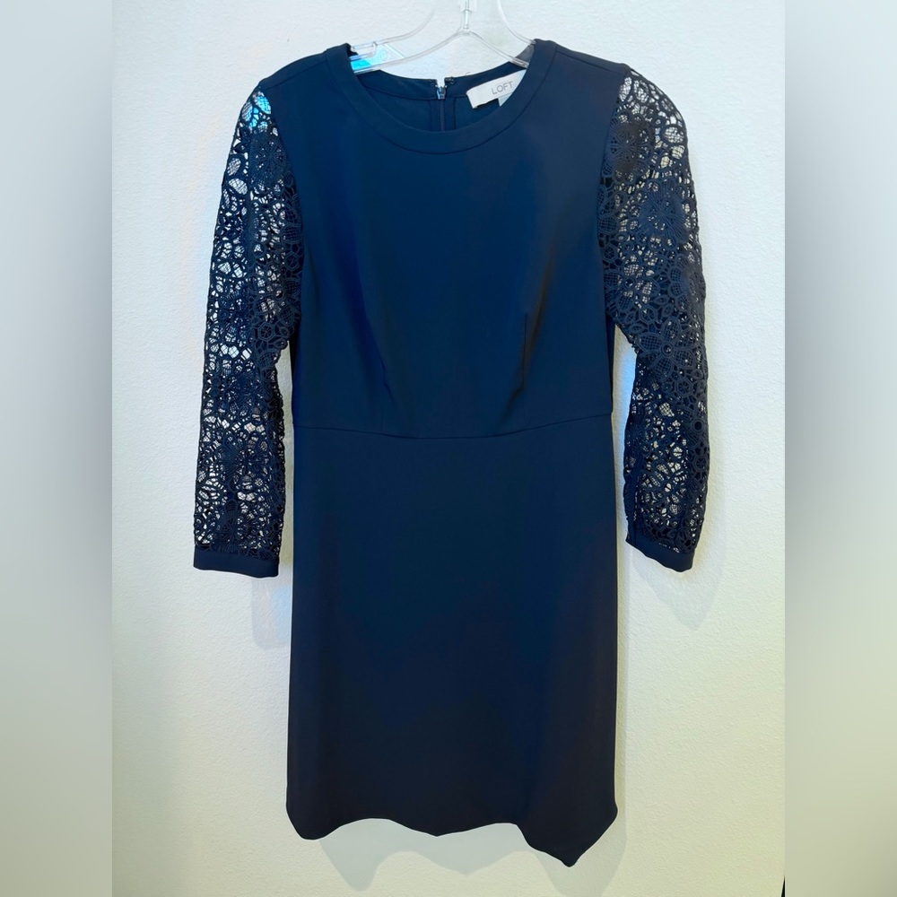 LOFT Navy Sheath Dress with Crochet 	Lace Sleeves